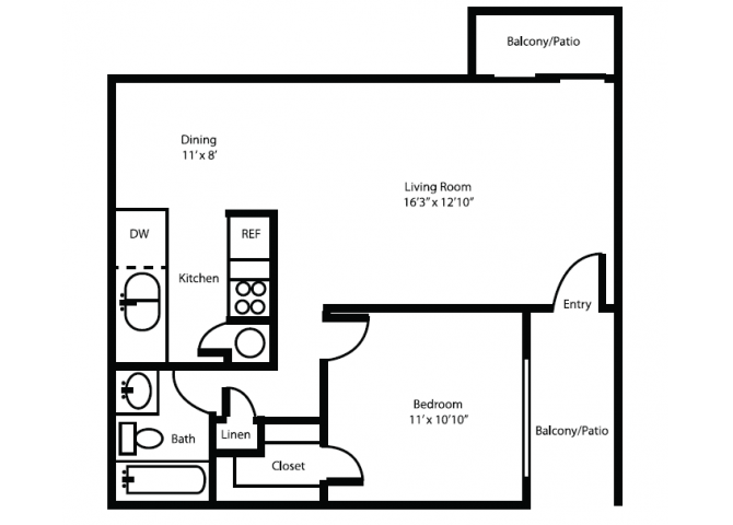 One bedroom one bathroom delux floor plan at Canyon Heights Apartments in Tucson, AZ